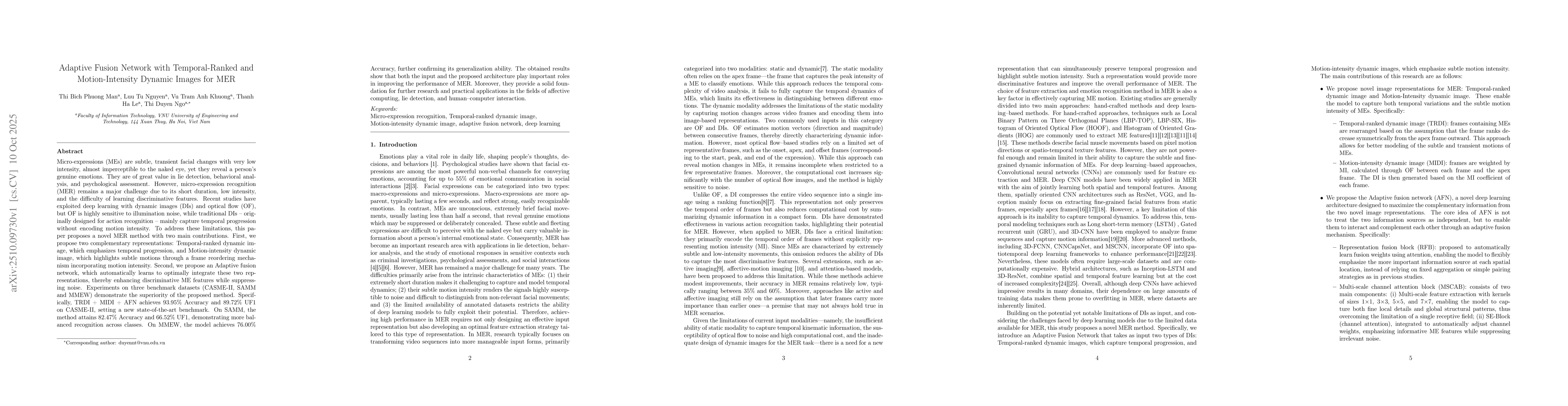 Thumbnail for Adaptive Fusion Network with Temporal-Ranked and Motion-Intensity
  Dynamic Images for Micro-expression Recognition