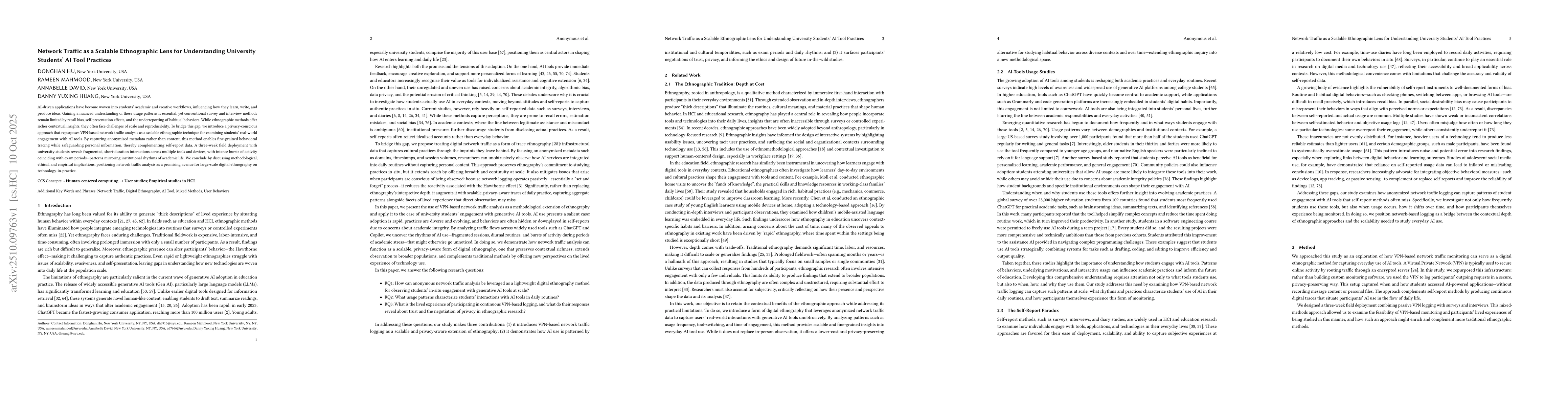 Thumbnail for Network Traffic as a Scalable Ethnographic Lens for Understanding
  University Students' AI Tool Practices
