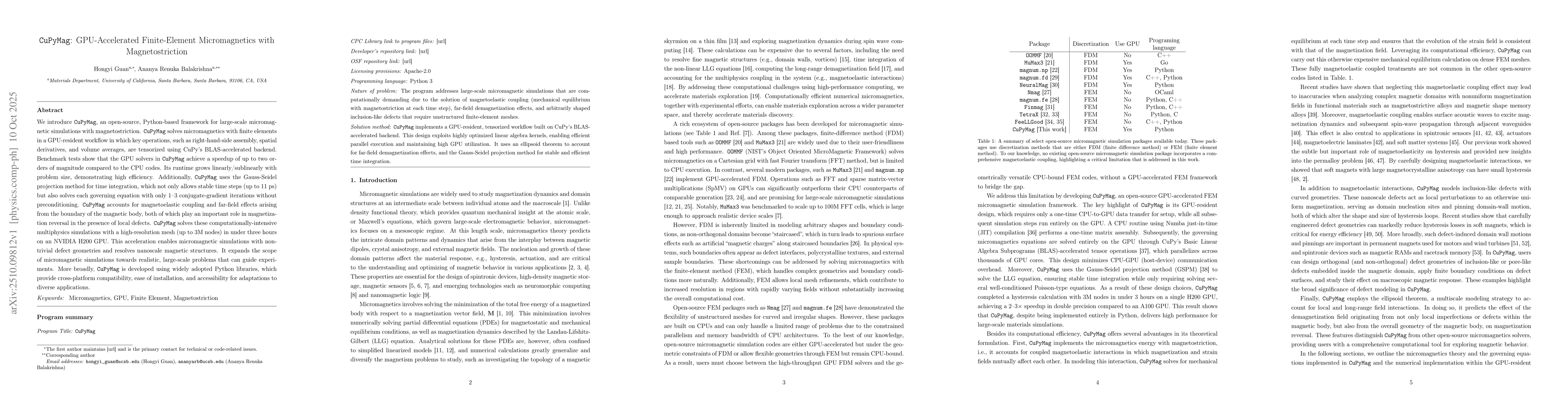 Thumbnail for CuPyMag: GPU-Accelerated Finite-Element Micromagnetics with
  Magnetostriction