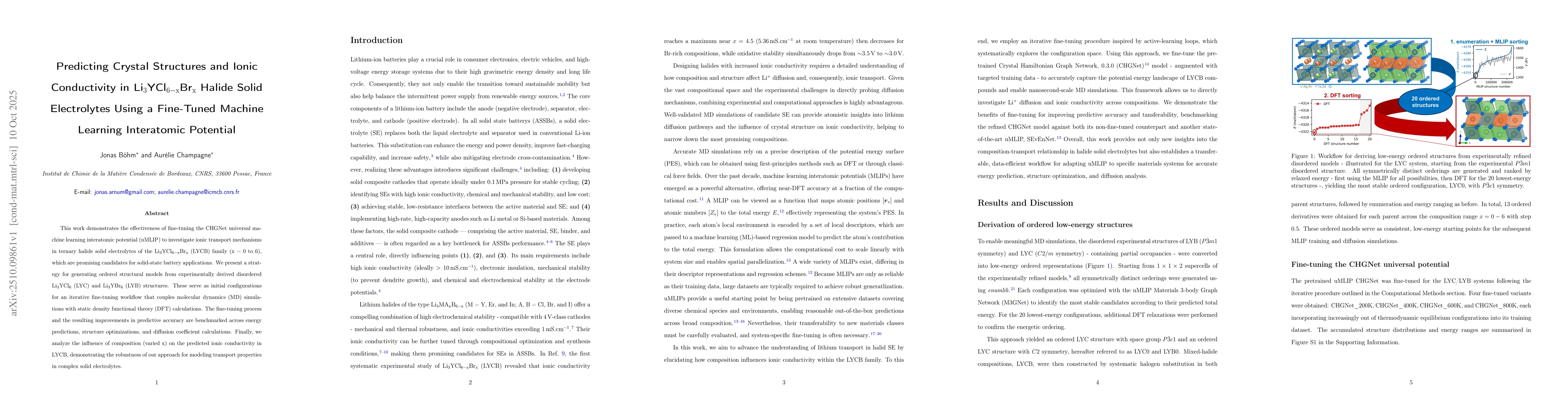 Thumbnail for Predicting Crystal Structures and Ionic Conductivity in
  Li$_{3}$YCl$_{6-x}$Br$_{x}$ Halide Solid Electrolytes Using a Fine-Tuned
  Machine Learning Interatomic Potential
