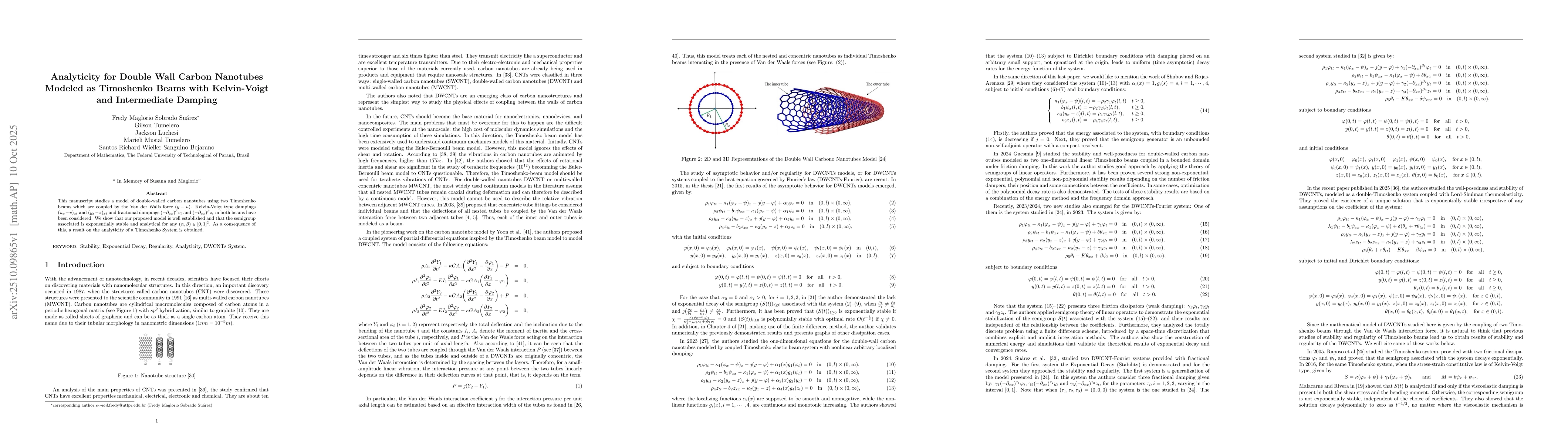 Thumbnail for Analyticity for Double Wall Carbon Nanotubes Modeled as Timoshenko Beams
  with Kelvin-Voigt and Intermediate Damping