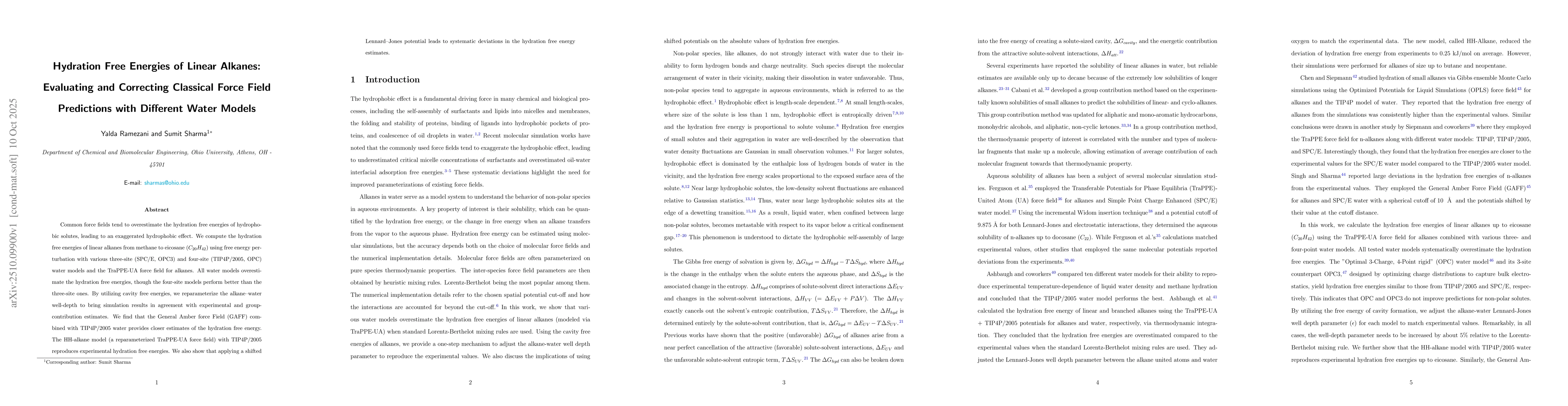 Thumbnail for Hydration Free Energies of Linear Alkanes: Evaluating and Correcting
  Classical Force Field Predictions with Different Water Models