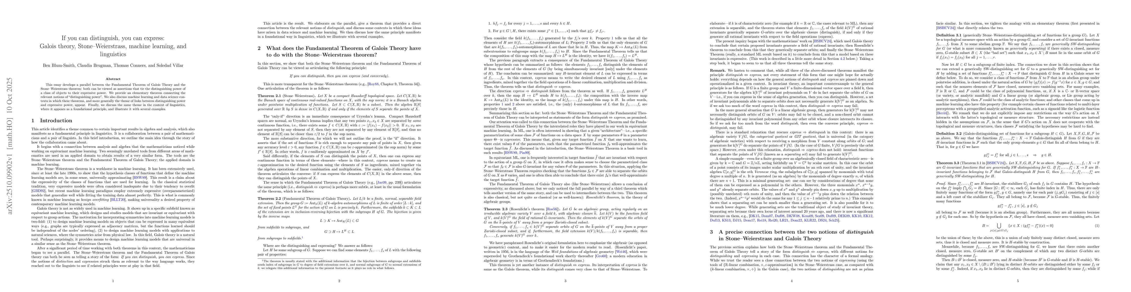 Thumbnail for If you can distinguish, you can express: Galois theory,
  Stone--Weierstrass, machine learning, and linguistics