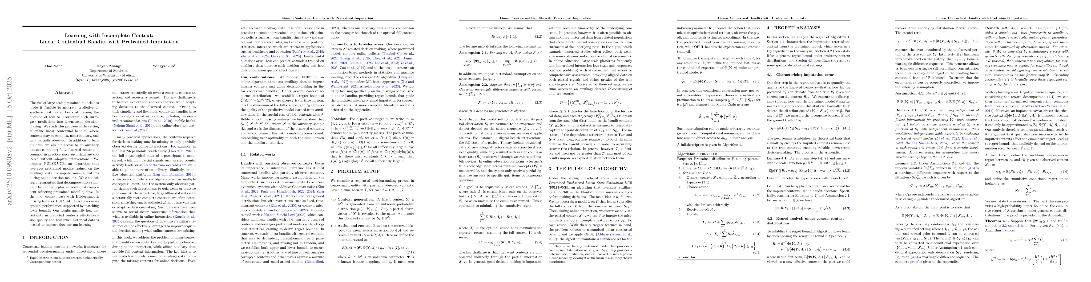 Thumbnail for Learning with Incomplete Context: Linear Contextual Bandits with
  Pretrained Imputation