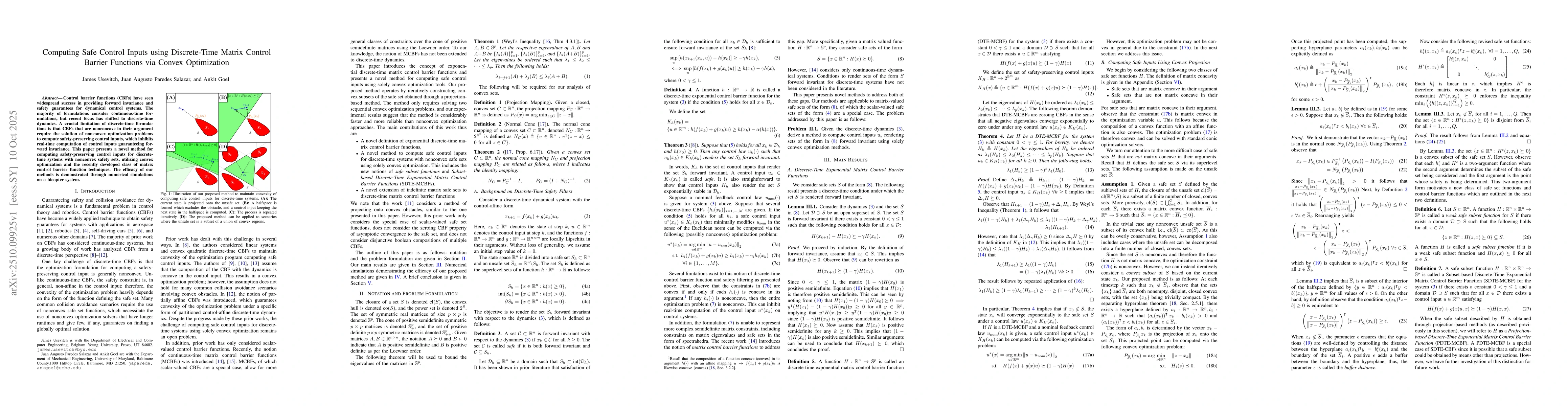 Thumbnail for Computing Safe Control Inputs using Discrete-Time Matrix Control Barrier
  Functions via Convex Optimization