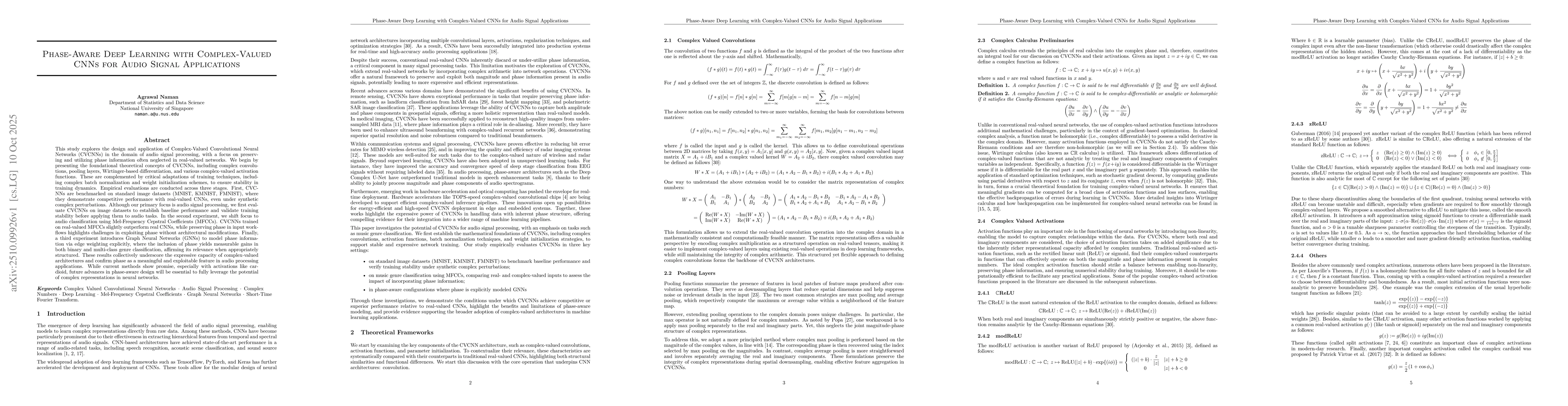 Thumbnail for Phase-Aware Deep Learning with Complex-Valued CNNs for Audio Signal
  Applications