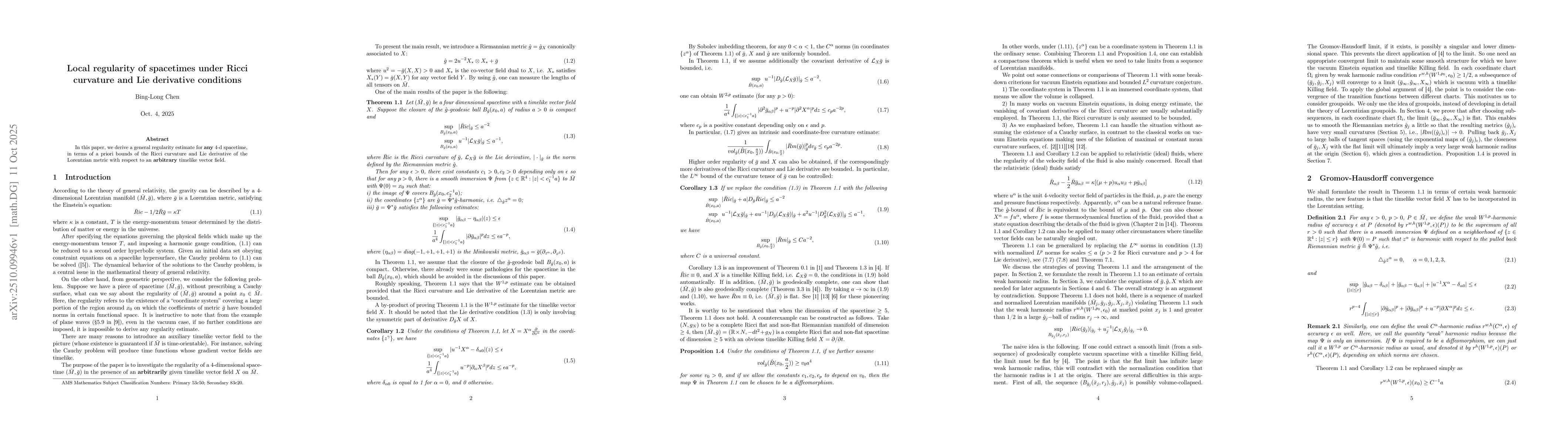 Thumbnail for Local regularity of spacetimes under Ricci curvature and Lie derivative
  conditions