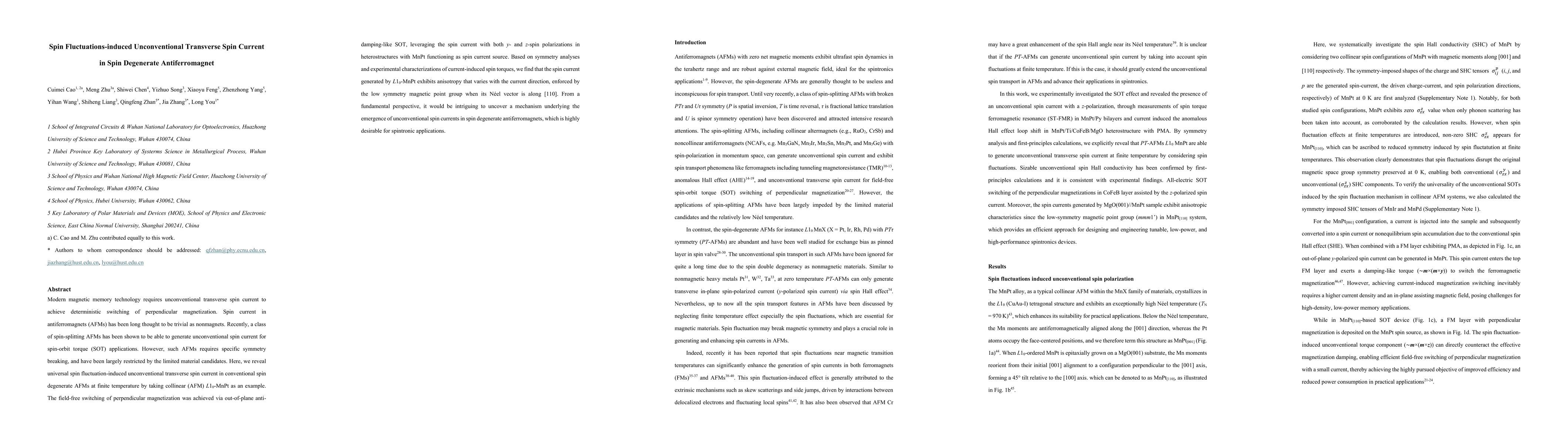 Thumbnail for Spin Fluctuations-induced Unconventional Transverse Spin Current in Spin
  Degenerate Antiferromagnet