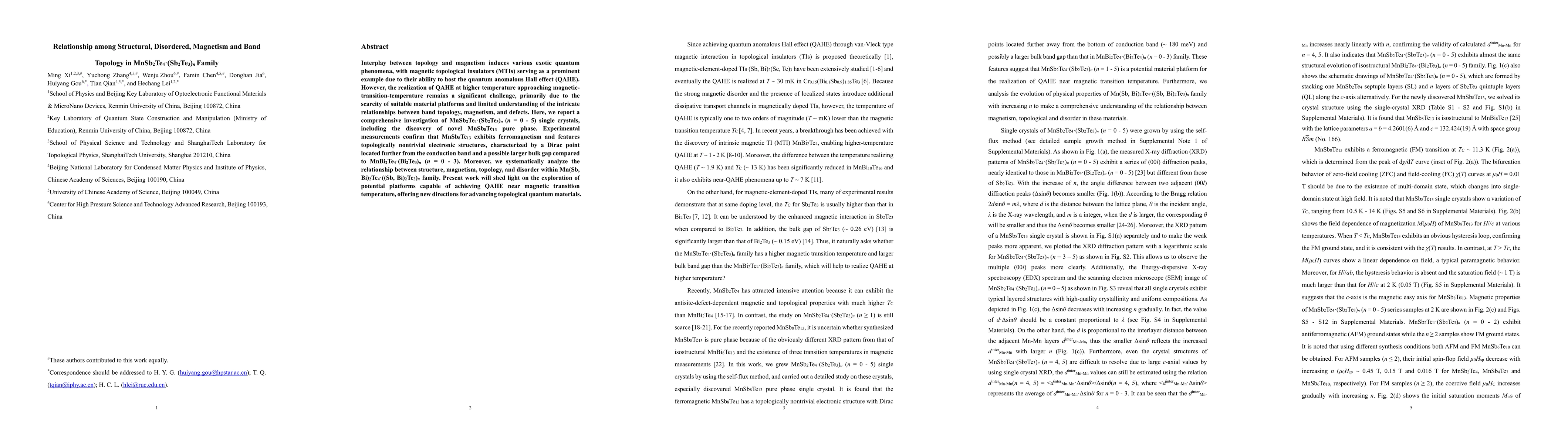 Thumbnail for Relationship among Structural, Disordered, Magnetism and Band Topology
  in MnSb2Te4(Sb2Te3)n Family