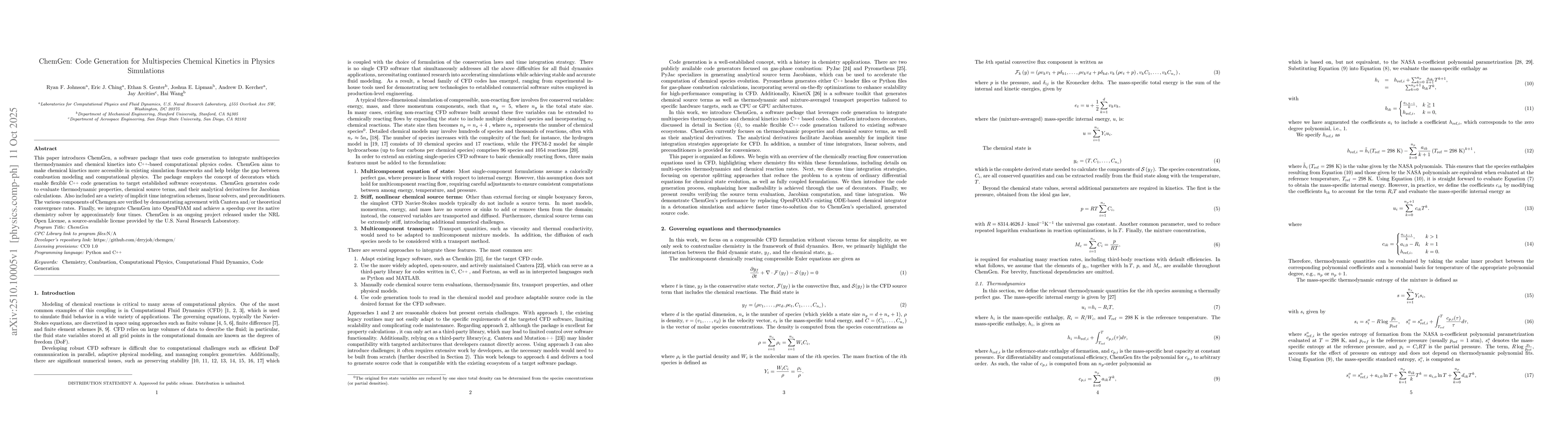Thumbnail for ChemGen: Code Generation for Multispecies Chemical Kinetics in
  Computational Physics Simulations