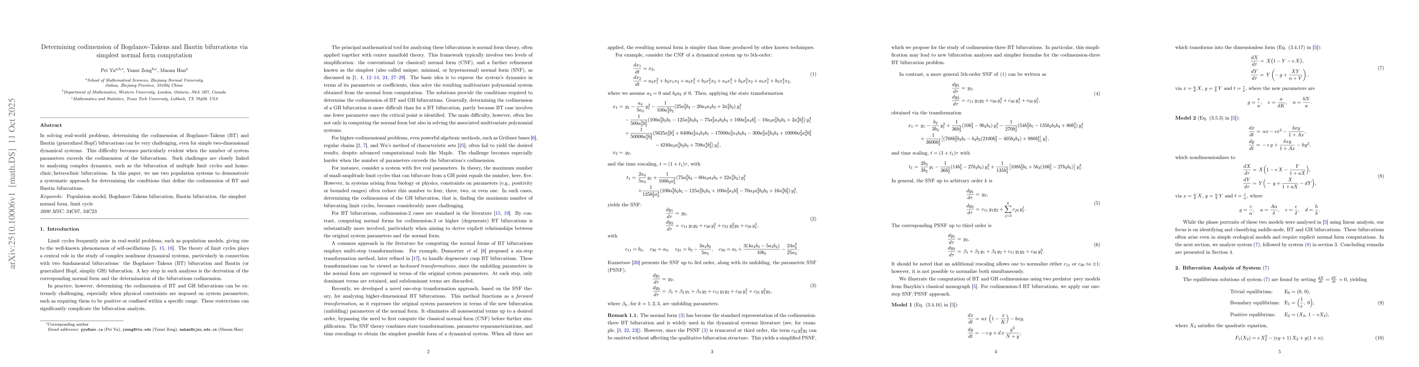 Thumbnail for Determining codimension of Bogdanov-Takens and Bautin bifurcations via
  simplest normal form computation