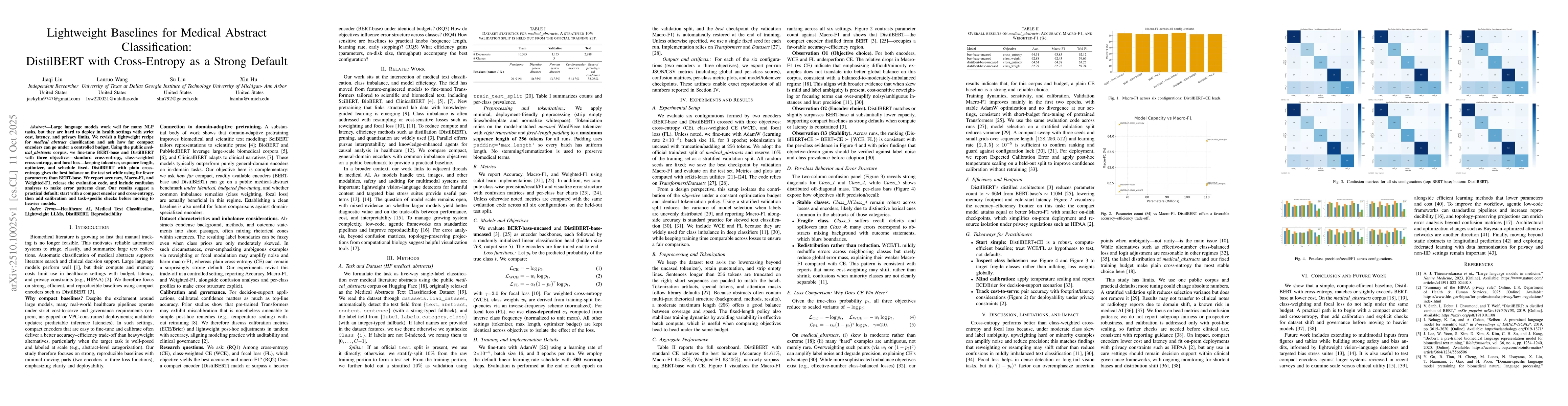 Thumbnail for Lightweight Baselines for Medical Abstract Classification: DistilBERT
  with Cross-Entropy as a Strong Default
