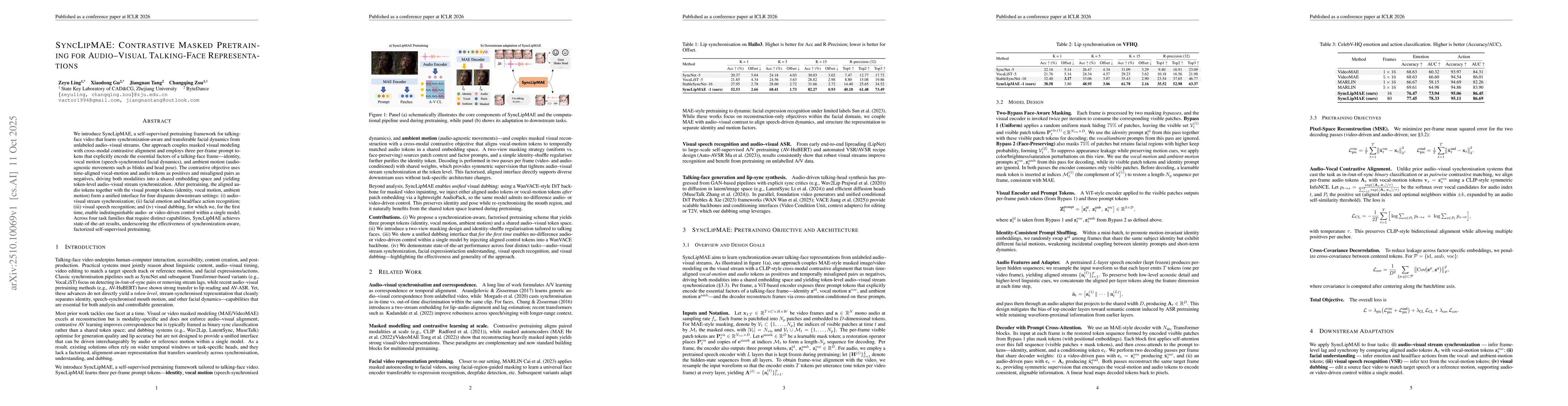Thumbnail for SyncLipMAE: Contrastive Masked Pretraining for Audio-Visual Talking-Face
  Representation