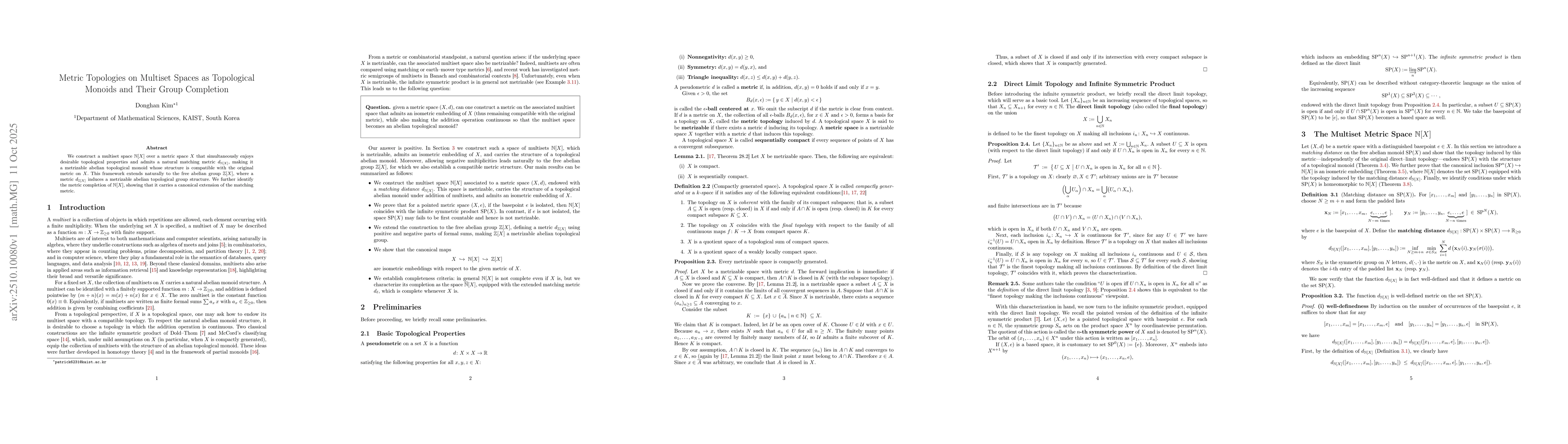 Thumbnail for Metric Topologies on Multiset Spaces as Topological Monoids and Their
  Group Completion