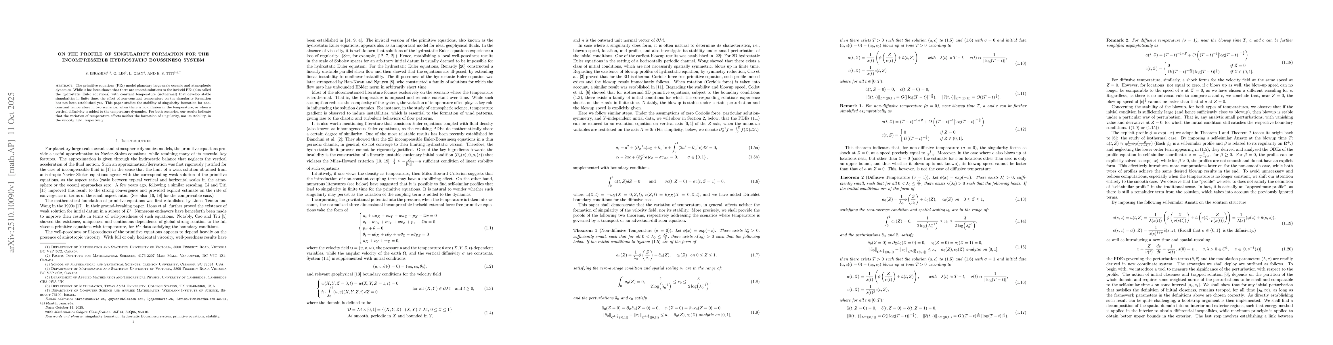 Thumbnail for On the Profile of Singularity Formation for the Incompressible
  Hydrostatic Boussinesq system