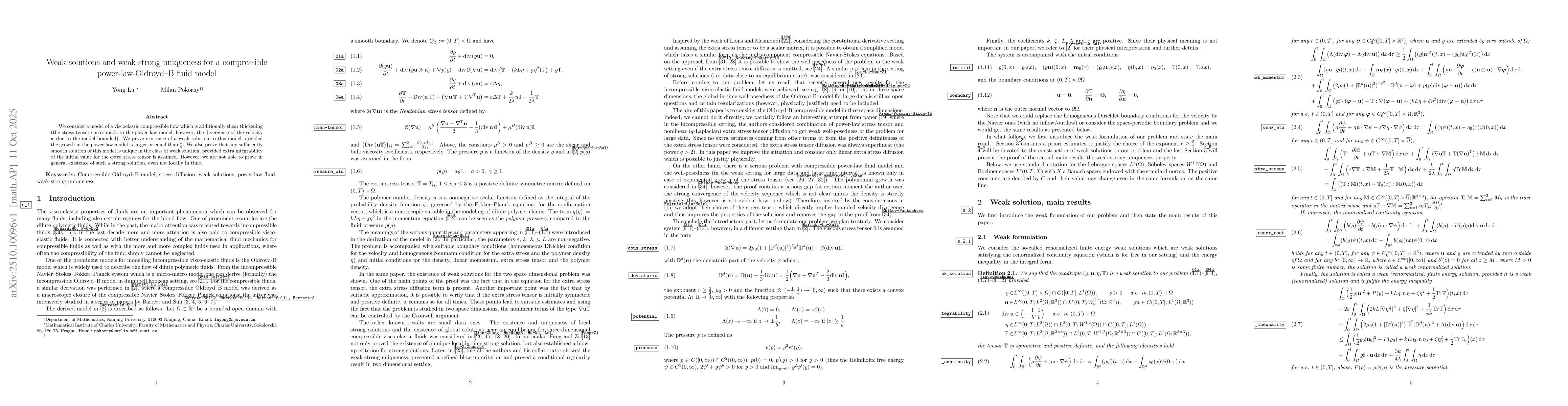 Thumbnail for Weak solutions and weak-strong uniqueness for a compressible
  power-law-Oldroyd--B fluid model