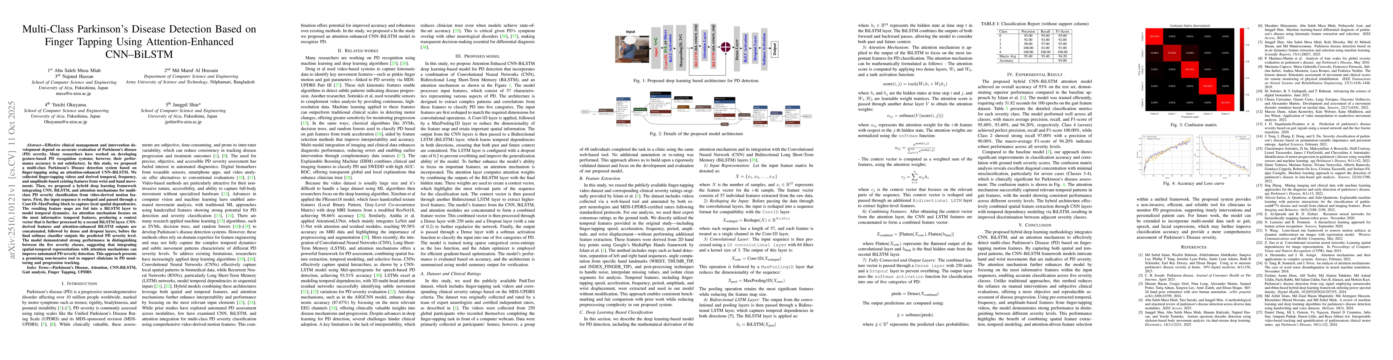 Thumbnail for Multi Class Parkinsons Disease Detection Based on Finger Tapping Using
  Attention-Enhanced CNN BiLSTM