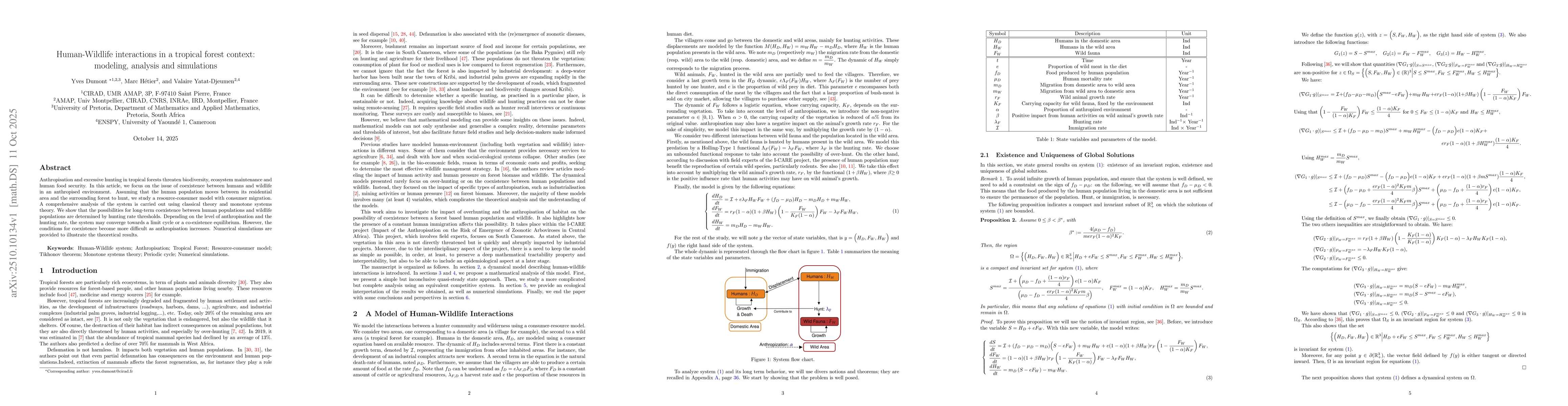Thumbnail for Human-Wildlife interactions in a tropical forest context: modeling,
  analysis and simulations
