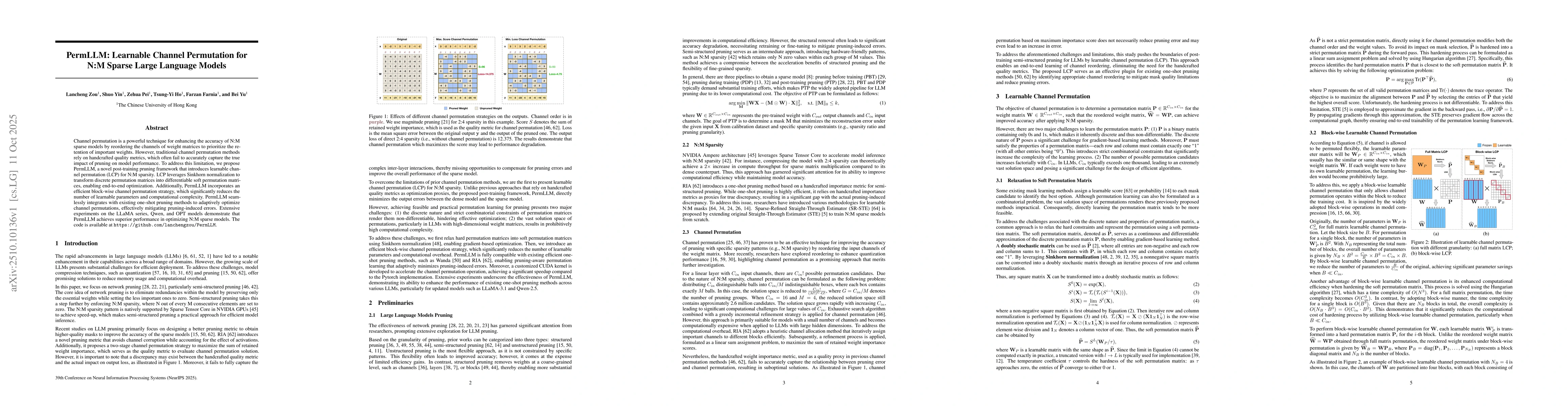 Thumbnail for PermLLM: Learnable Channel Permutation for N:M Sparse Large Language
  Models