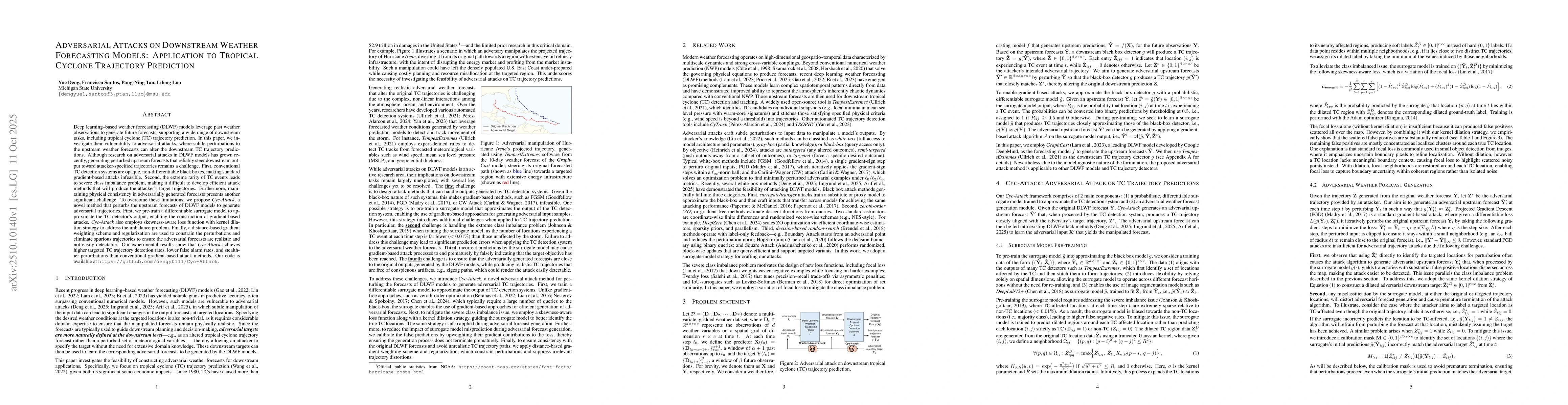 Thumbnail for Adversarial Attacks on Downstream Weather Forecasting Models:
  Application to Tropical Cyclone Trajectory Prediction