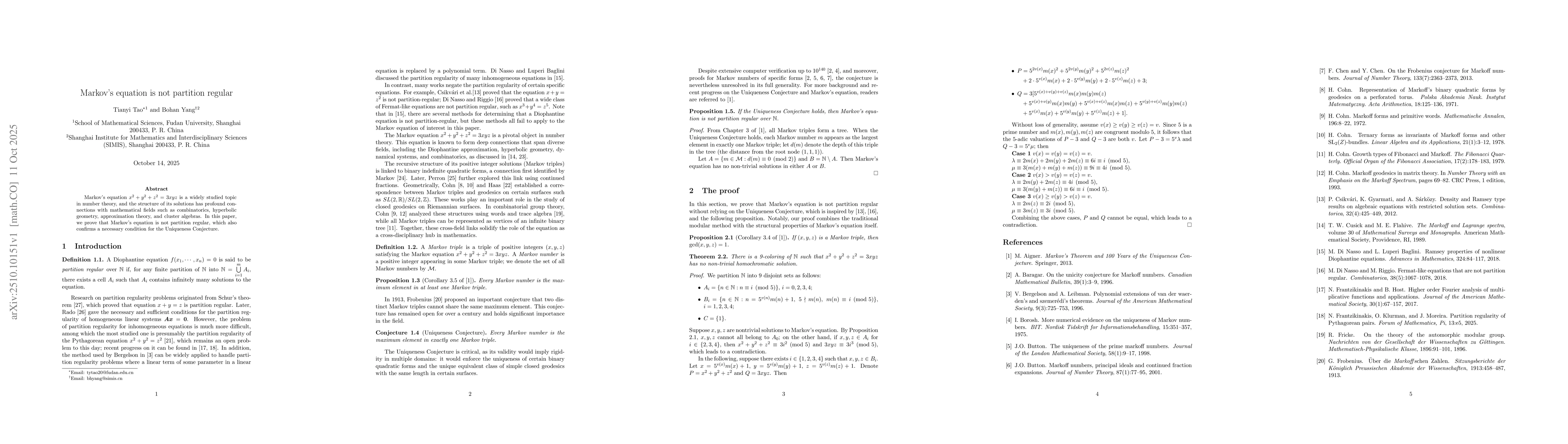 Thumbnail for Markov's equation is not partition regular