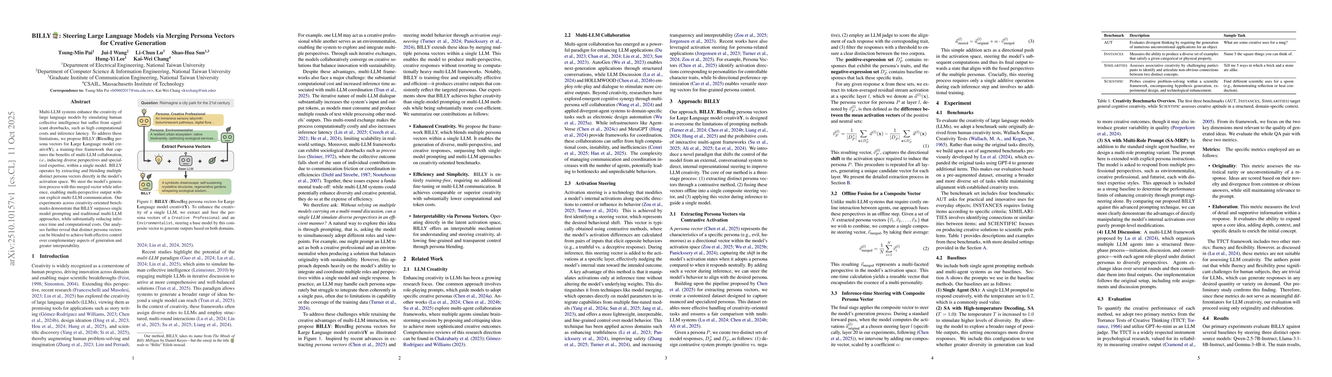 Thumbnail for BILLY: Steering Large Language Models via Merging Persona Vectors for
  Creative Generation