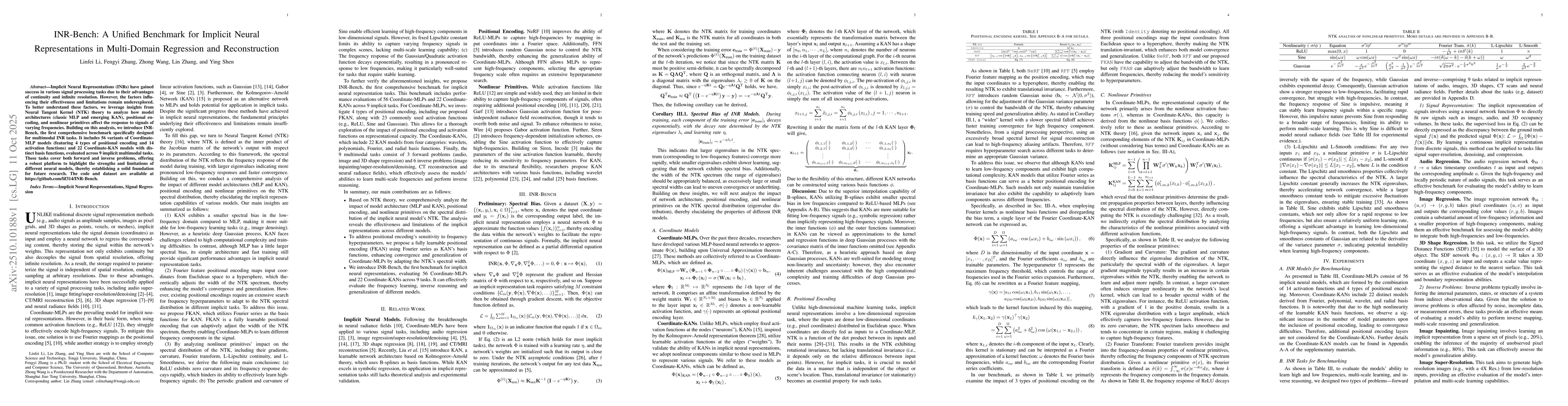 Thumbnail for INR-Bench: A Unified Benchmark for Implicit Neural Representations in
  Multi-Domain Regression and Reconstruction