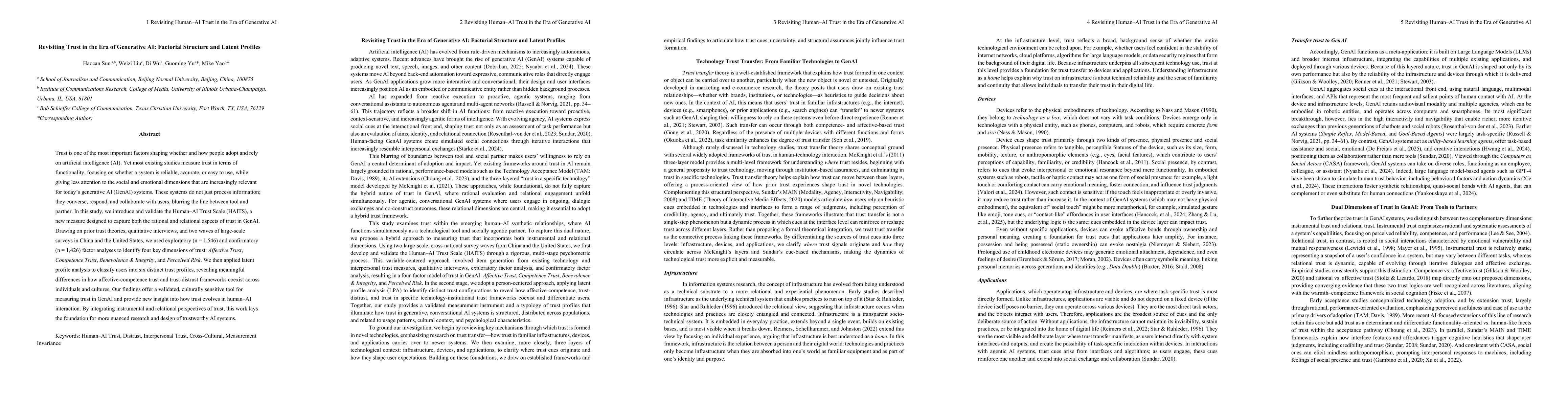 Thumbnail for Revisiting Trust in the Era of Generative AI: Factorial Structure and
  Latent Profiles