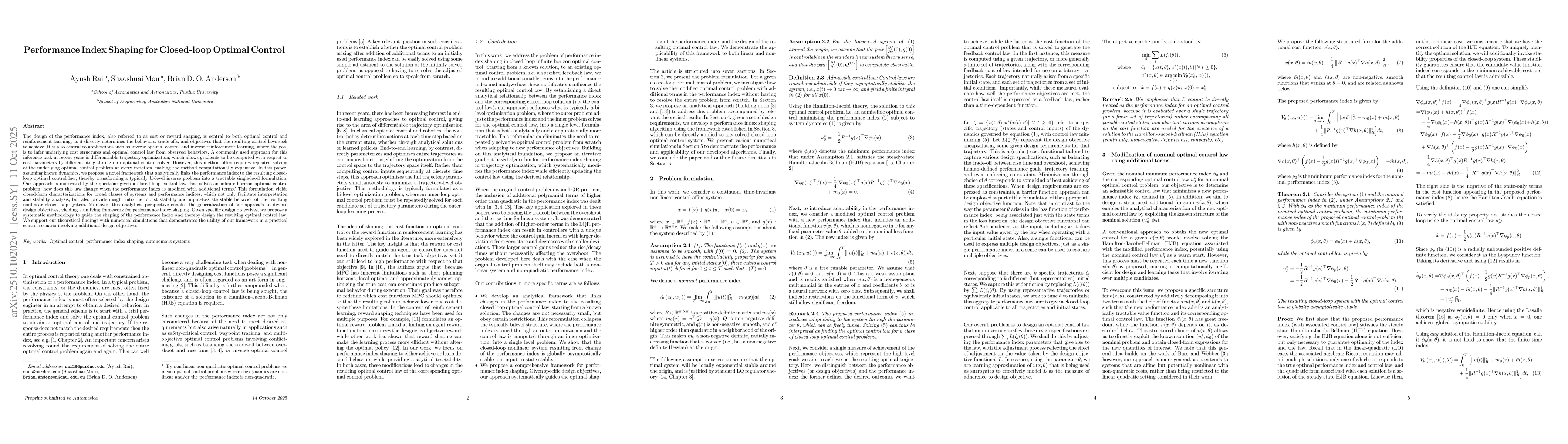 Thumbnail for Performance Index Shaping for Closed-loop Optimal Control