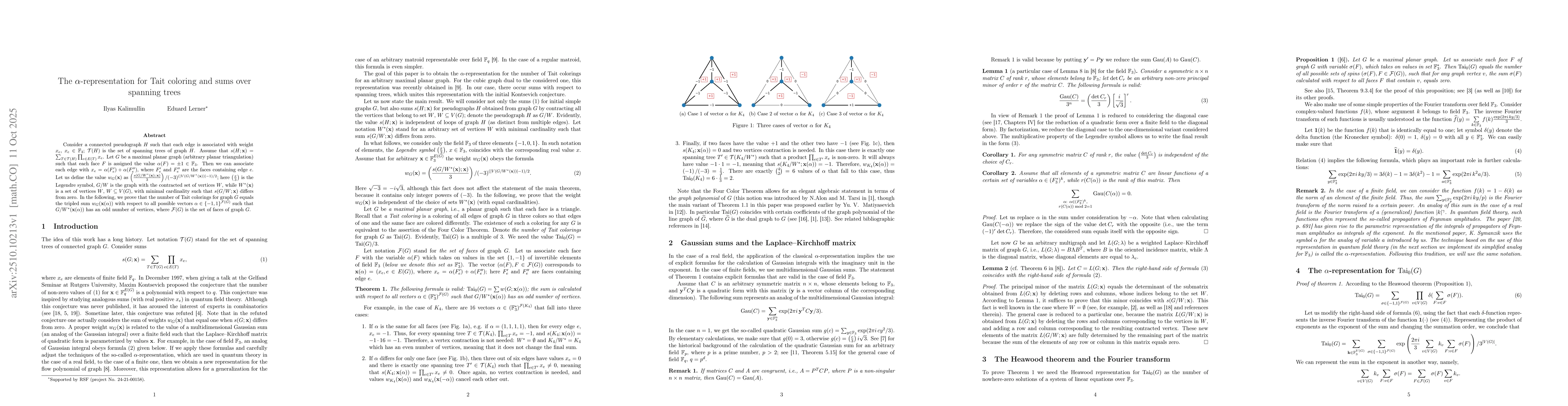 Thumbnail for The $α$-representation for Tait coloring and sums over spanning
  trees