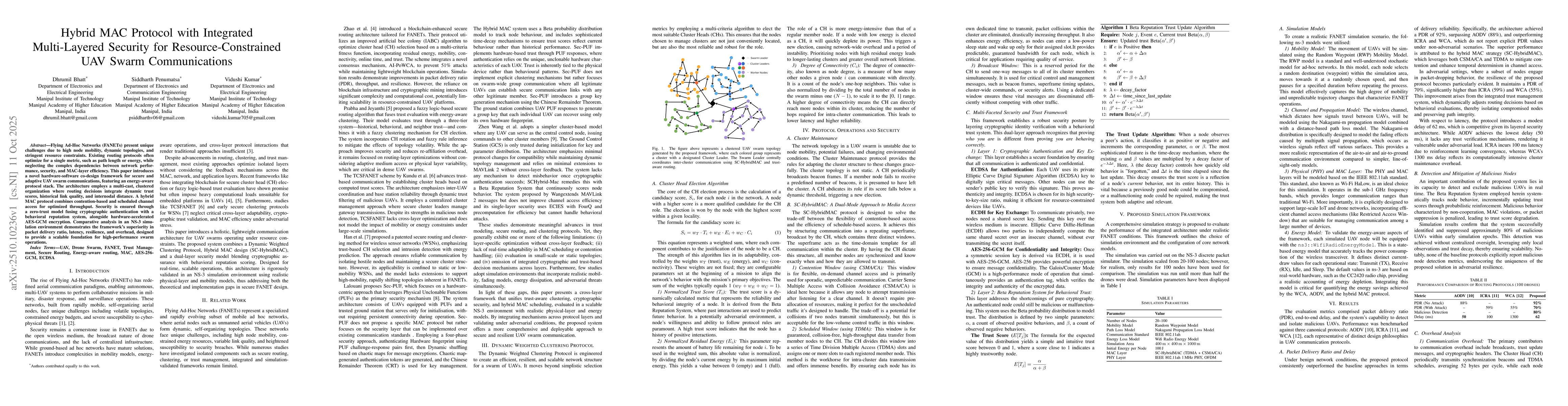 Thumbnail for Hybrid MAC Protocol with Integrated Multi-Layered Security for
  Resource-Constrained UAV Swarm Communications
