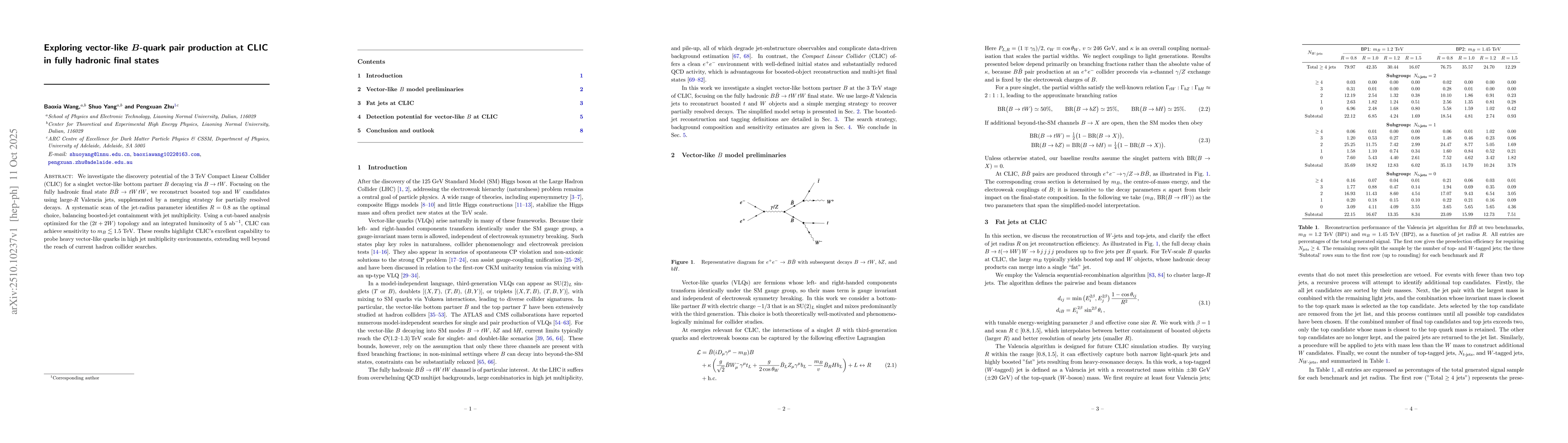 Thumbnail for Exploring vector-like $B$-quark pair production at CLIC in fully
  hadronic final states