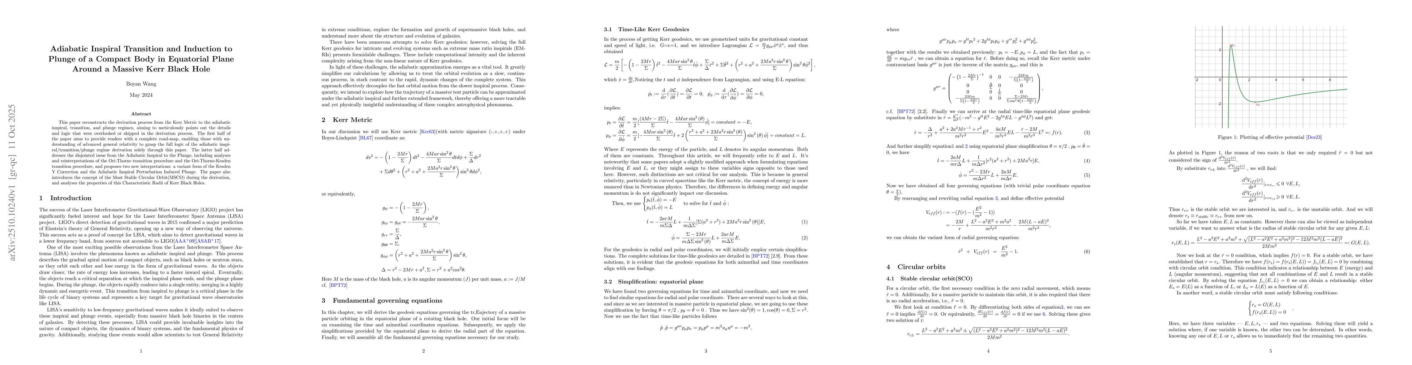 Thumbnail for Adiabatic Inspiral Transition and Induction to Plunge of a Compact Body
  in Equatorial Plane Around a Massive Kerr Black Hole