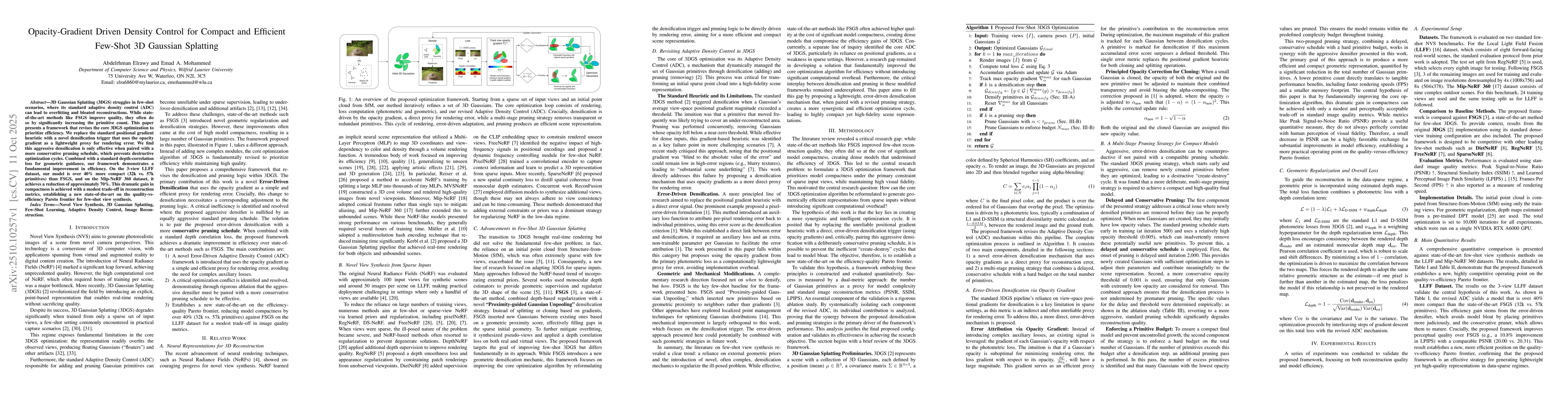 Thumbnail for Opacity-Gradient Driven Density Control for Compact and Efficient
  Few-Shot 3D Gaussian Splatting