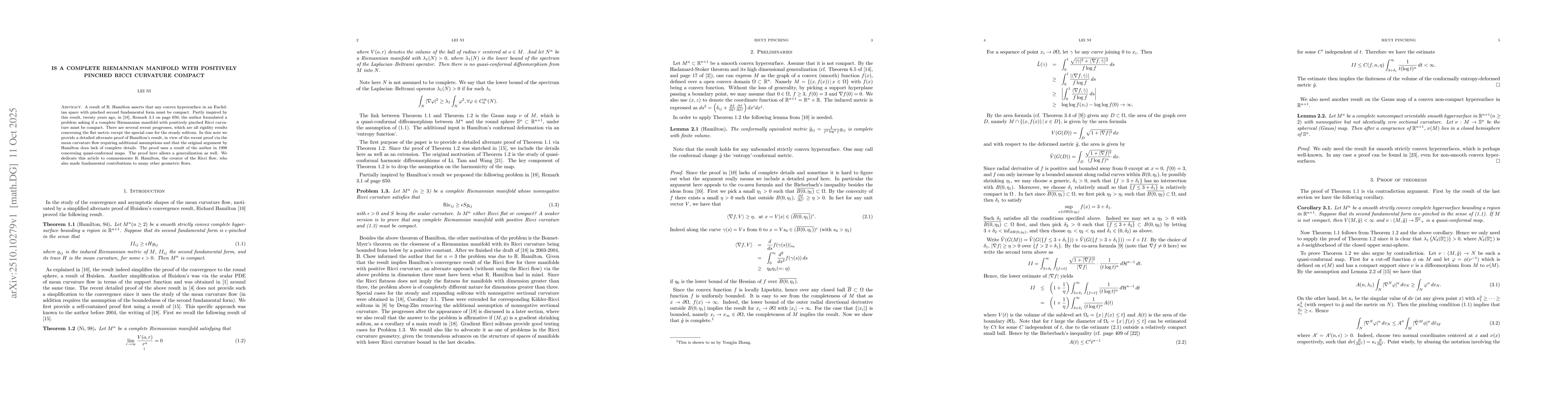 Thumbnail for Is a complete Riemannian manifold with positively pinched Ricci
  curvature compact