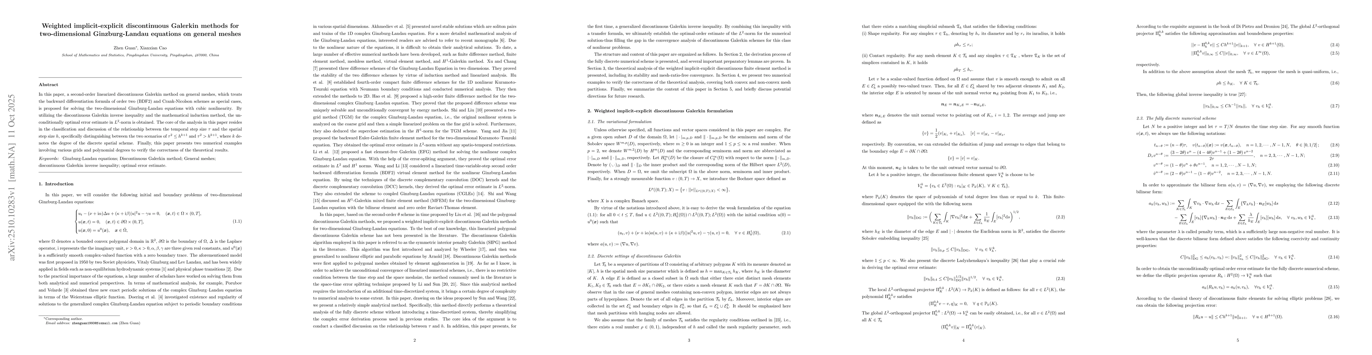 Thumbnail for Weighted implicit-explicit discontinuous Galerkin methods for
  two-dimensional Ginzburg-Landau equations on general meshes