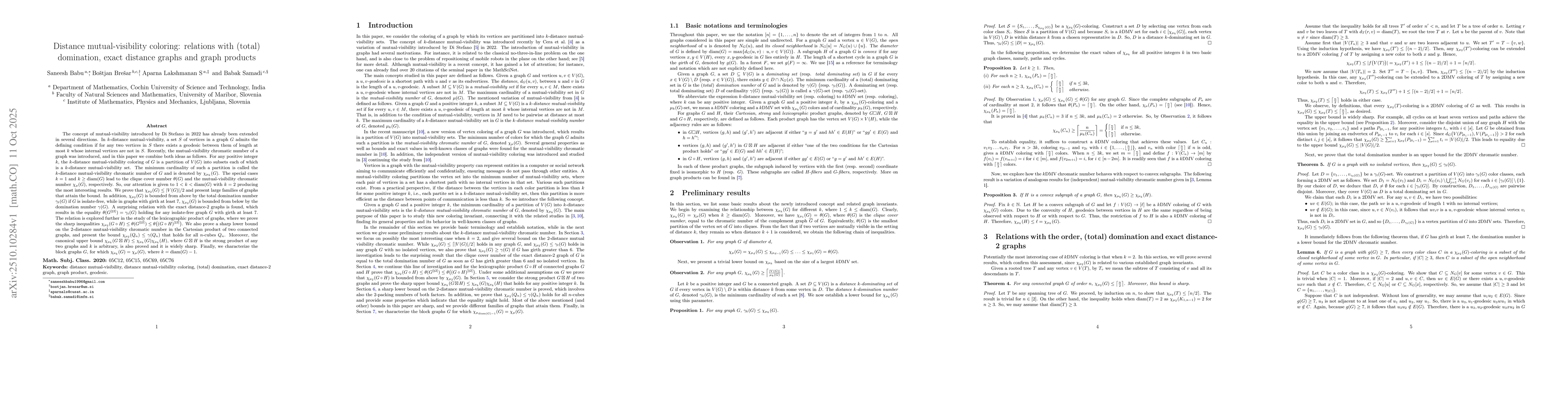 Thumbnail for Distance mutual-visibility coloring: relations with (total) domination,
  exact distance graphs and graph products