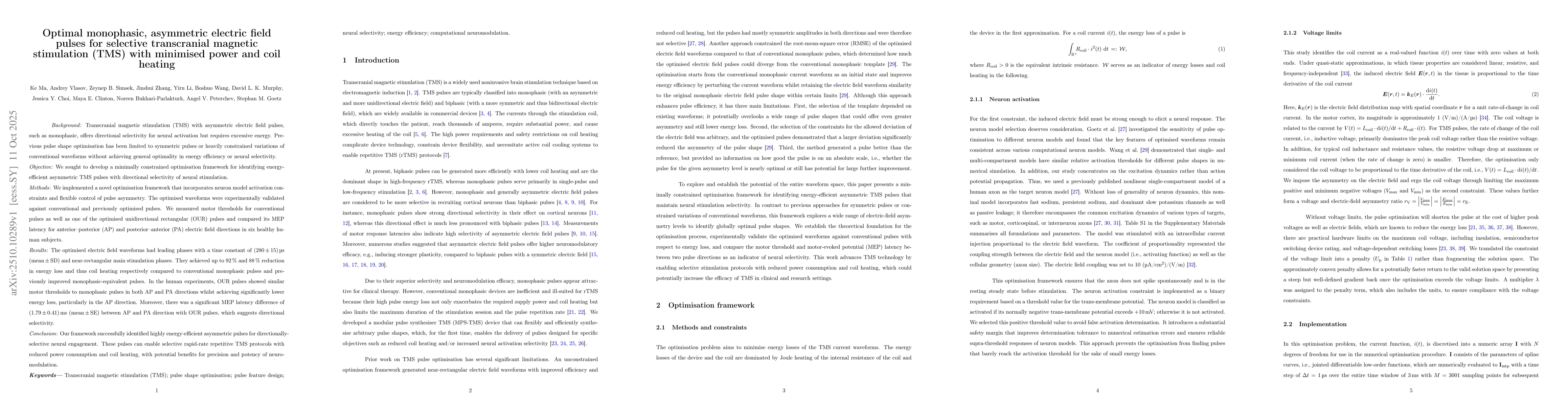 Thumbnail for Optimal monophasic, asymmetric electric field pulses for selective
  transcranial magnetic stimulation (TMS) with minimised power and coil heating
