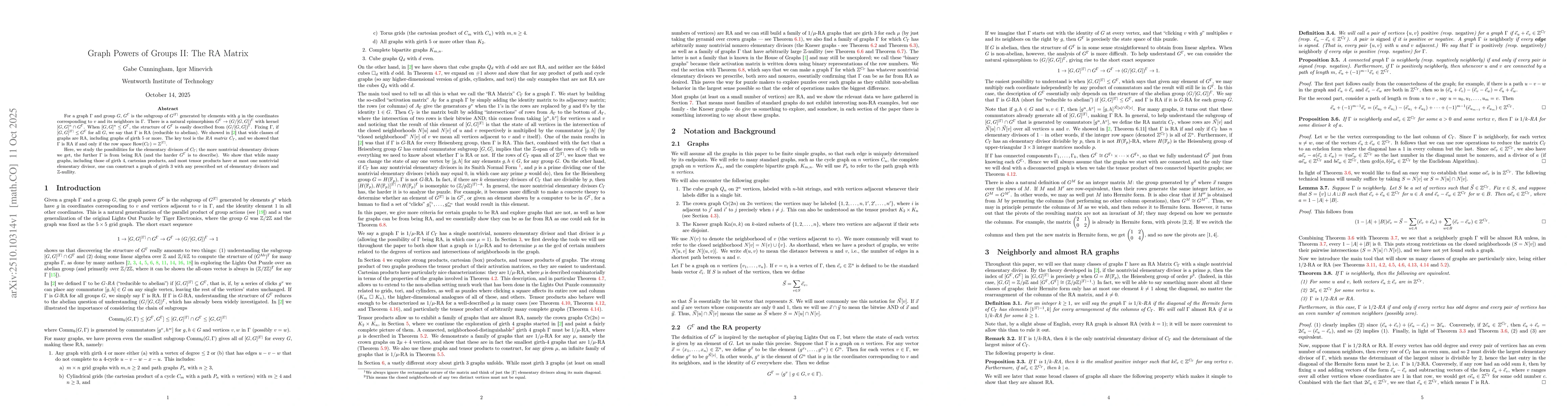 Thumbnail for Graph Powers of Groups II: The RA Matrix