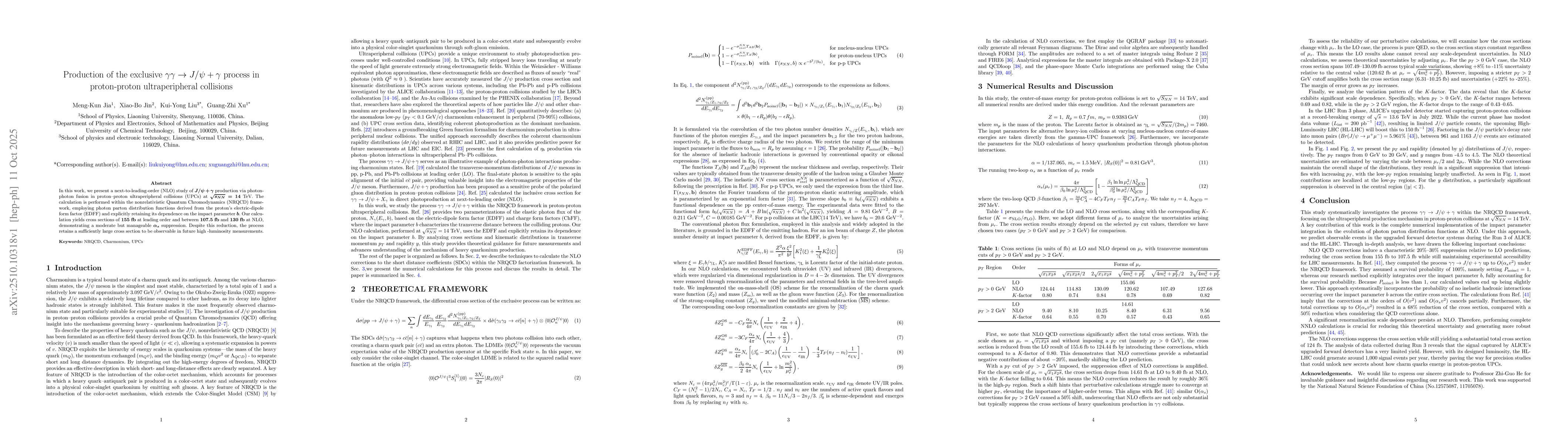 Thumbnail for Production of the exclusive $γγ\rightarrow J/ψ+γ$
  process in proton-proton ultraperipheral collisions