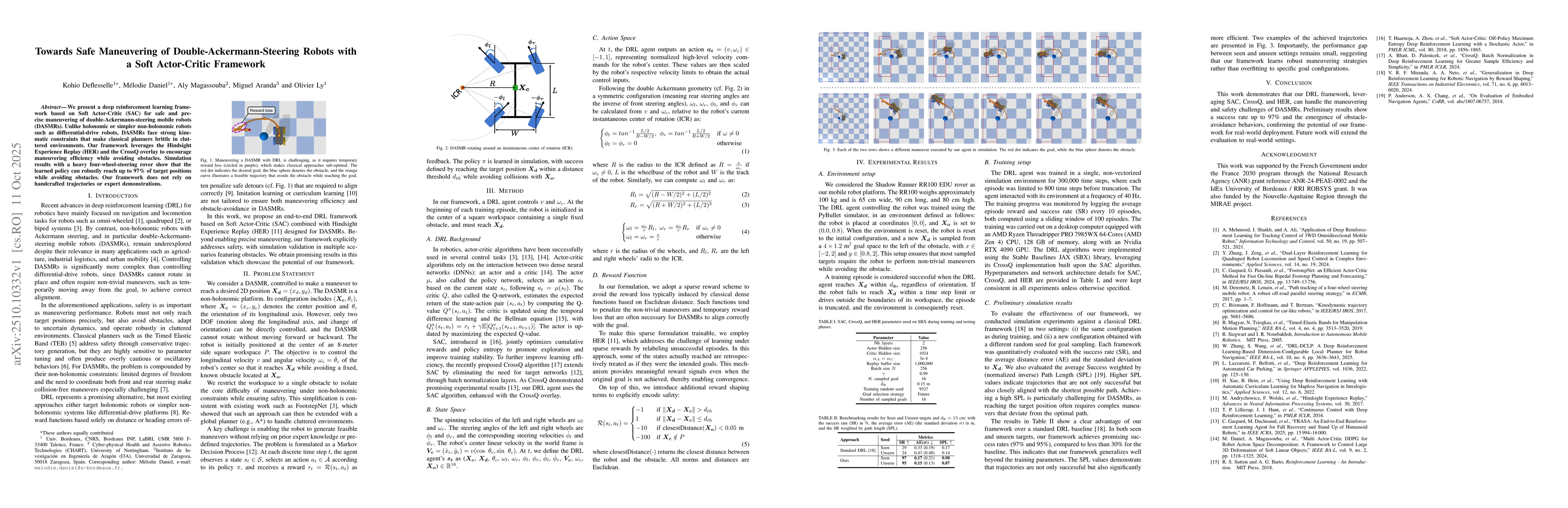 Thumbnail for Towards Safe Maneuvering of Double-Ackermann-Steering Robots with a Soft
  Actor-Critic Framework