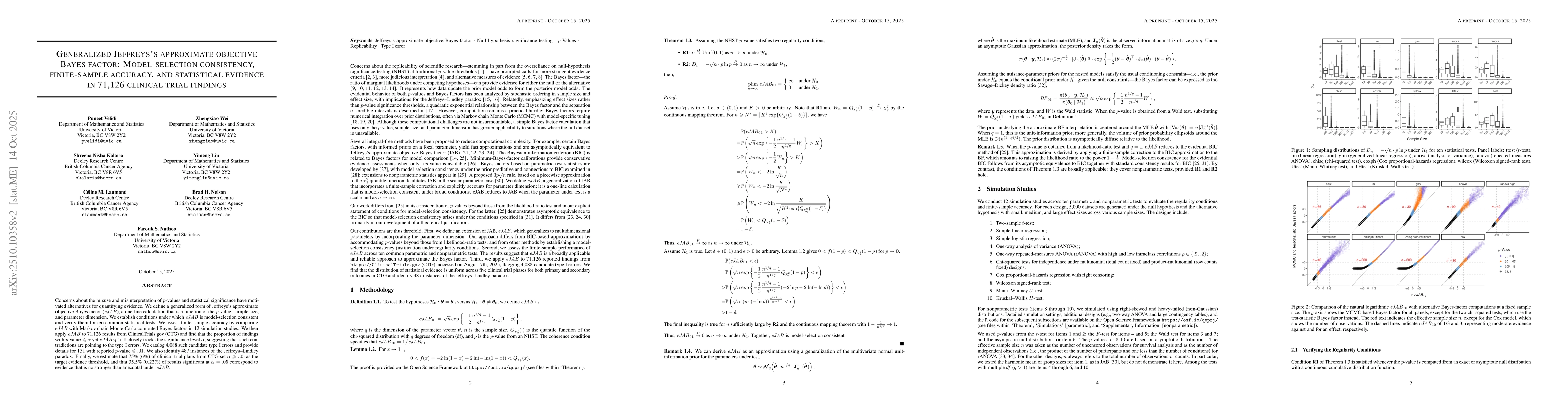 Thumbnail for Generalized Jeffreys's approximate objective Bayes factor:
  Model-selection consistency, finite-sample accuracy, and statistical evidence
  in 71,126 clinical trial findings