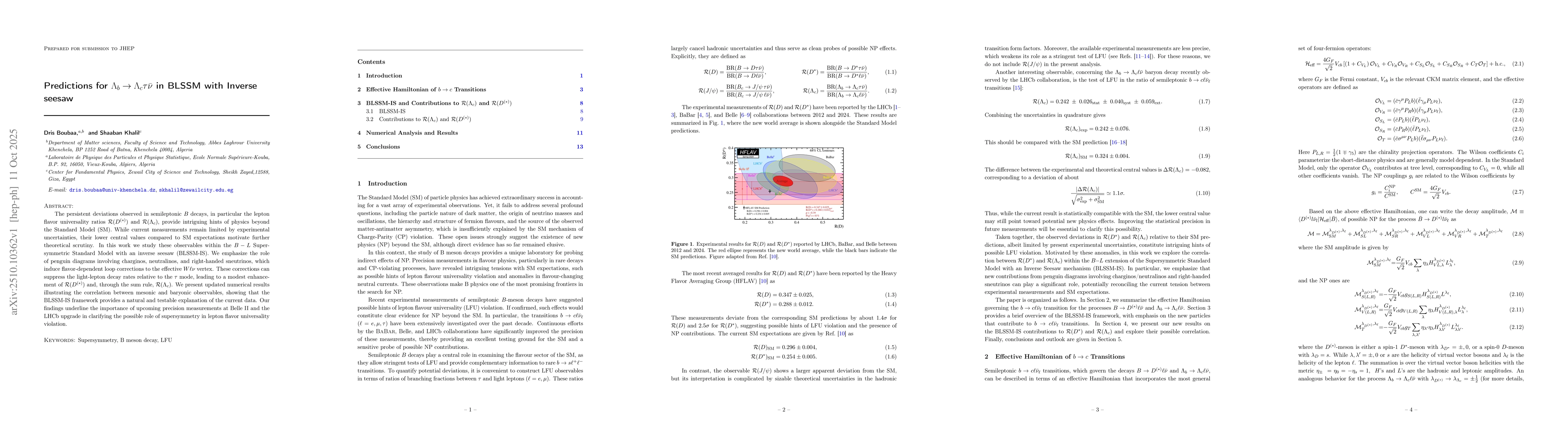 Thumbnail for Predictions for $Λ_b\to Λ_cτ\barν$ in BLSSM with
  Inverse seesaw