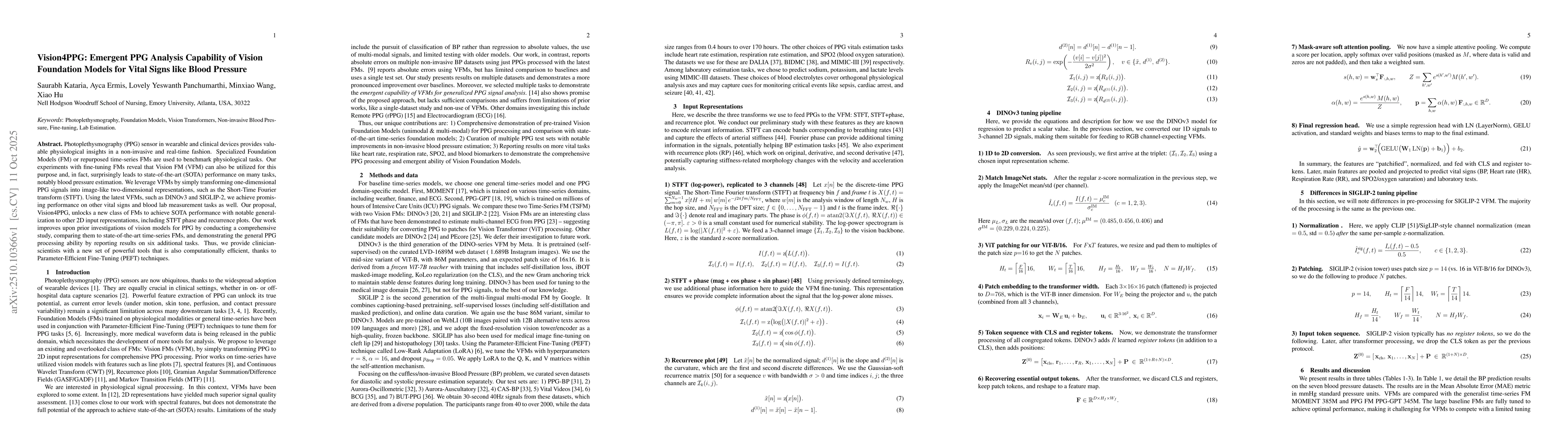 Thumbnail for Vision4PPG: Emergent PPG Analysis Capability of Vision Foundation Models
  for Vital Signs like Blood Pressure