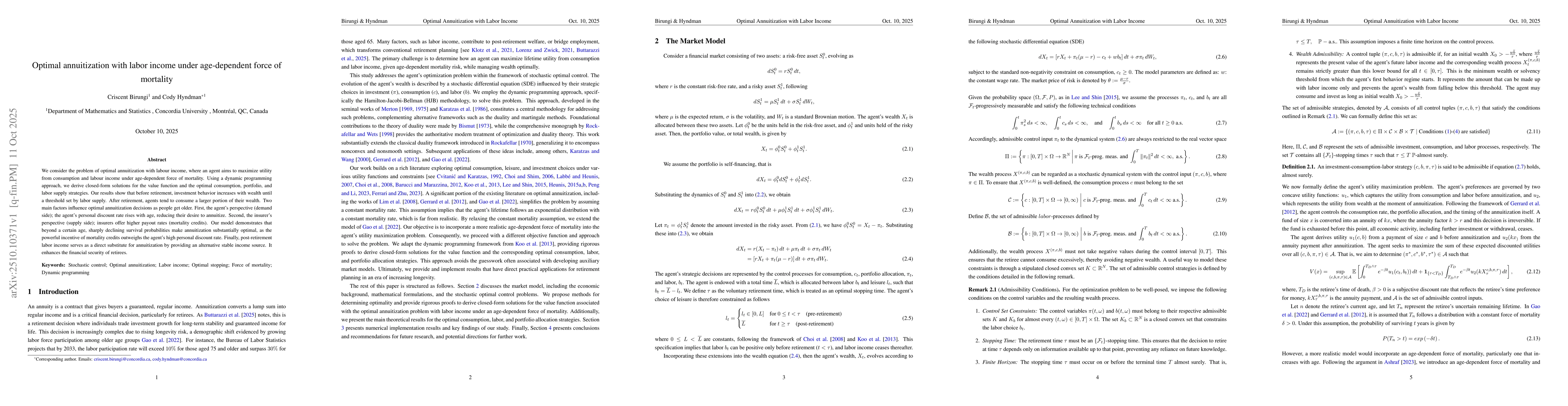 Thumbnail for Optimal annuitization with labor income under age-dependent force of
  mortality