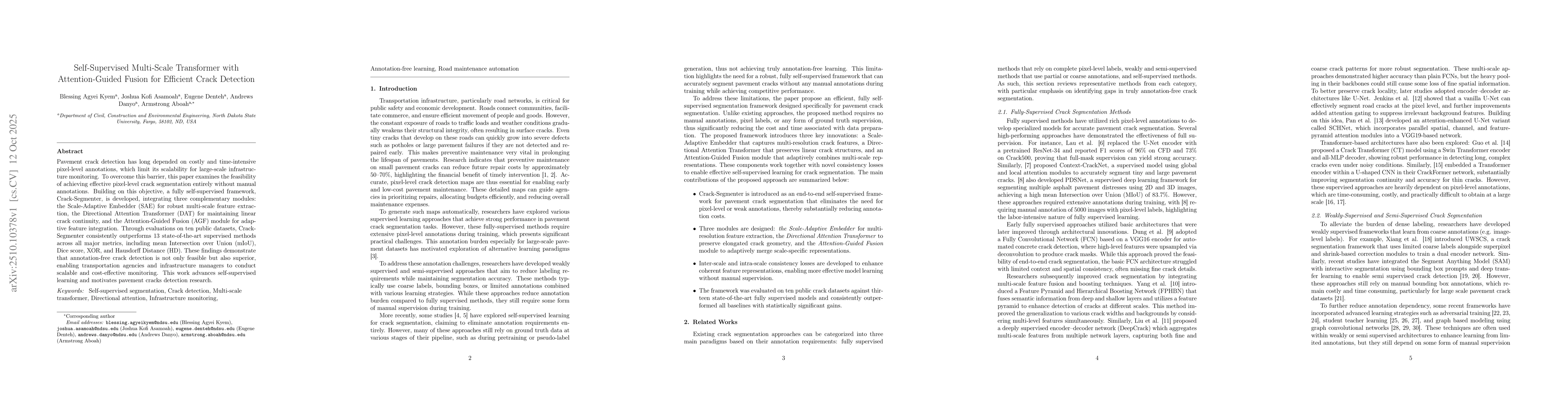 Thumbnail for Self-Supervised Multi-Scale Transformer with Attention-Guided Fusion for
  Efficient Crack Detection