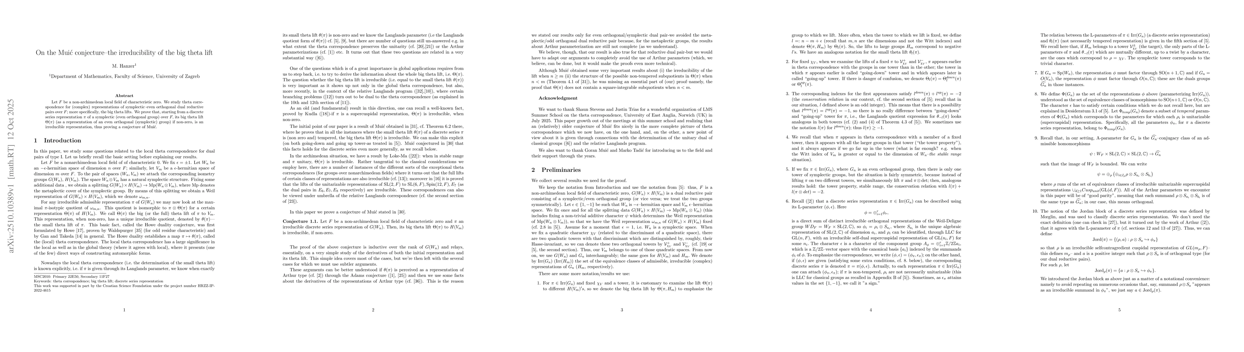 Thumbnail for On the Muić conjecture--the irreducibility of the big theta lift