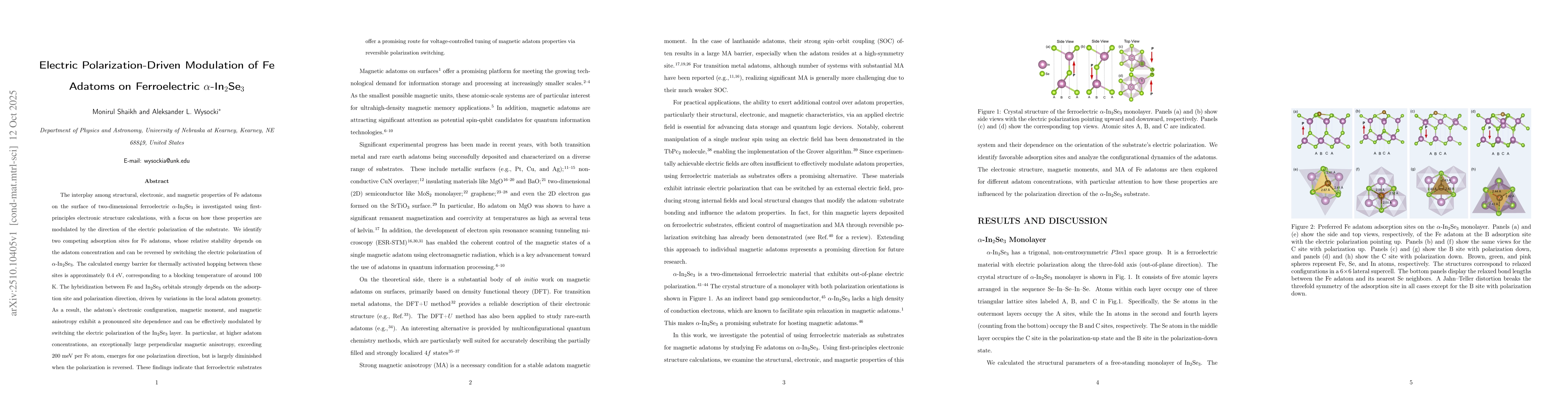 Thumbnail for Electric Polarization-Driven Modulation of Fe Adatoms on Ferroelectric
  $α$-In$_2$Se$_3$