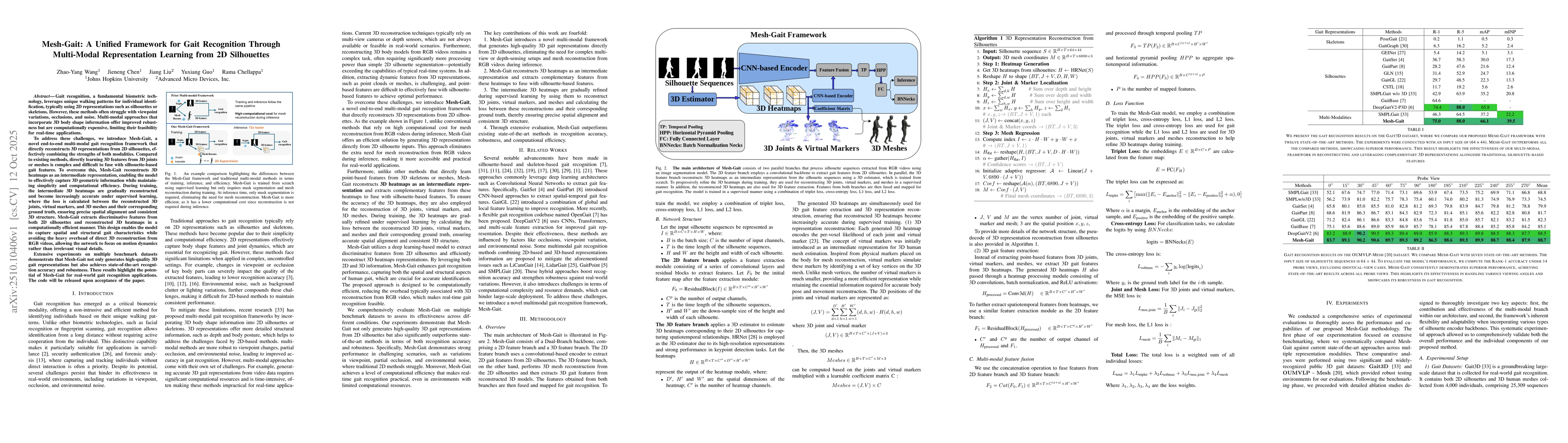 Thumbnail for Mesh-Gait: A Unified Framework for Gait Recognition Through Multi-Modal
  Representation Learning from 2D Silhouettes