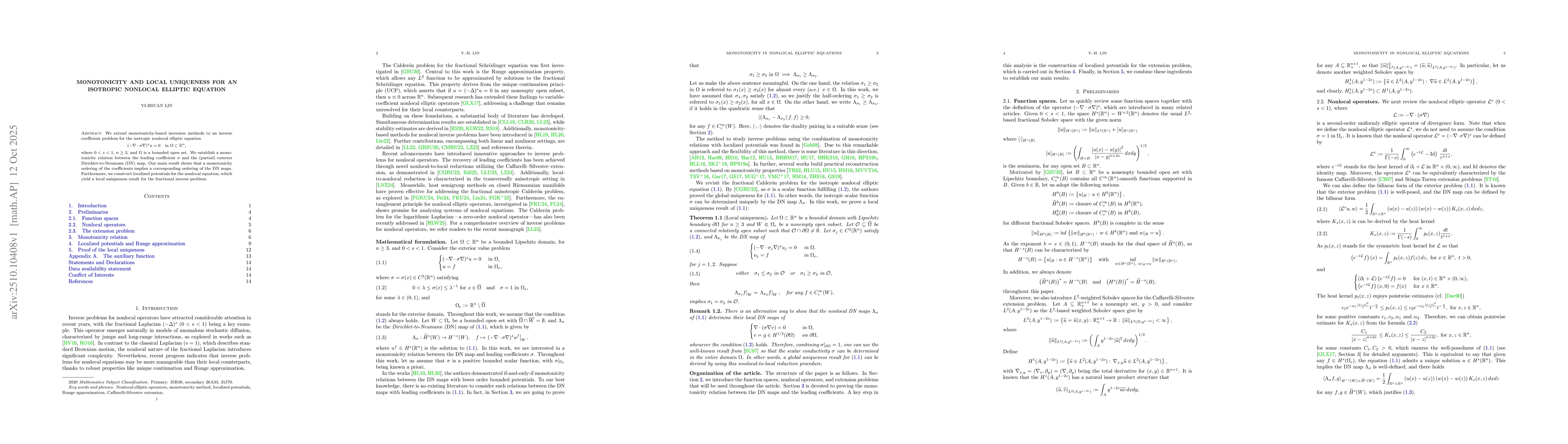 Thumbnail for Monotonicity and local uniqueness for an isotropic nonlocal elliptic
  equation
